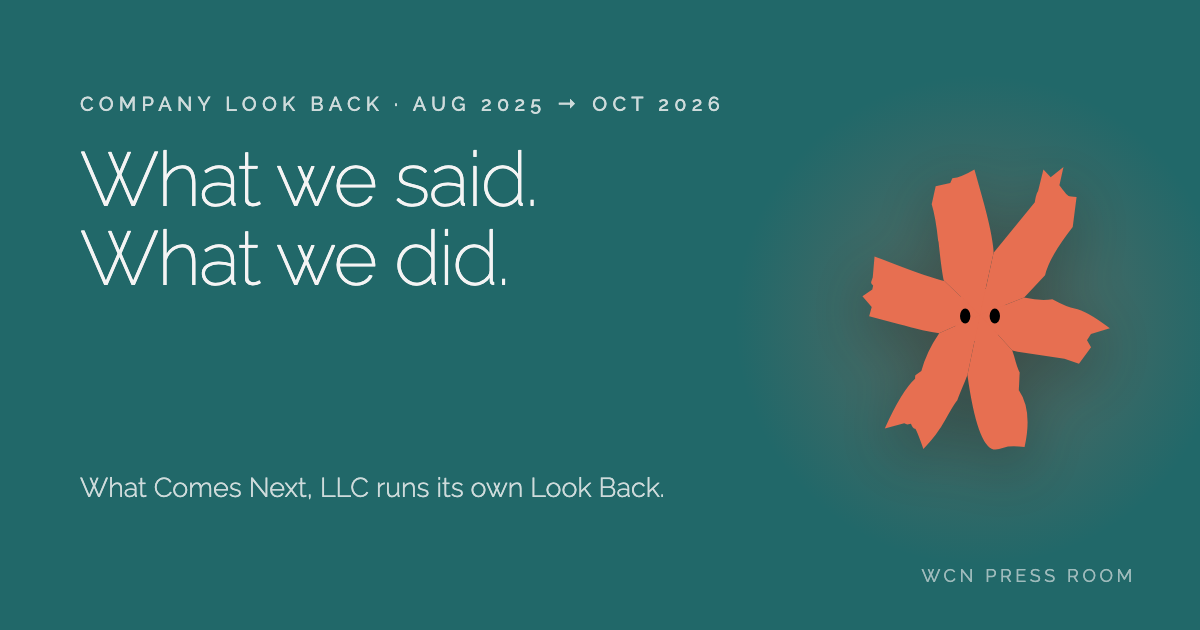Splat beside the words: What we said. What we did. Company Look Back, August 2025 to October 2026.